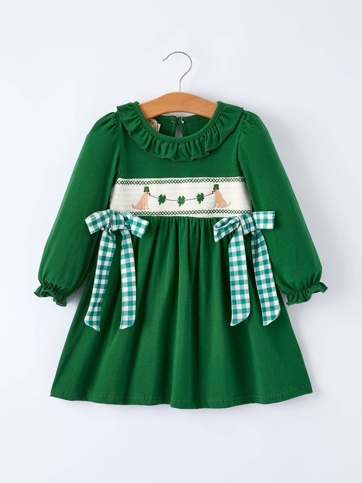 Girls St. Patrick’s Day Shamrock Puppy Smocked Dress 5