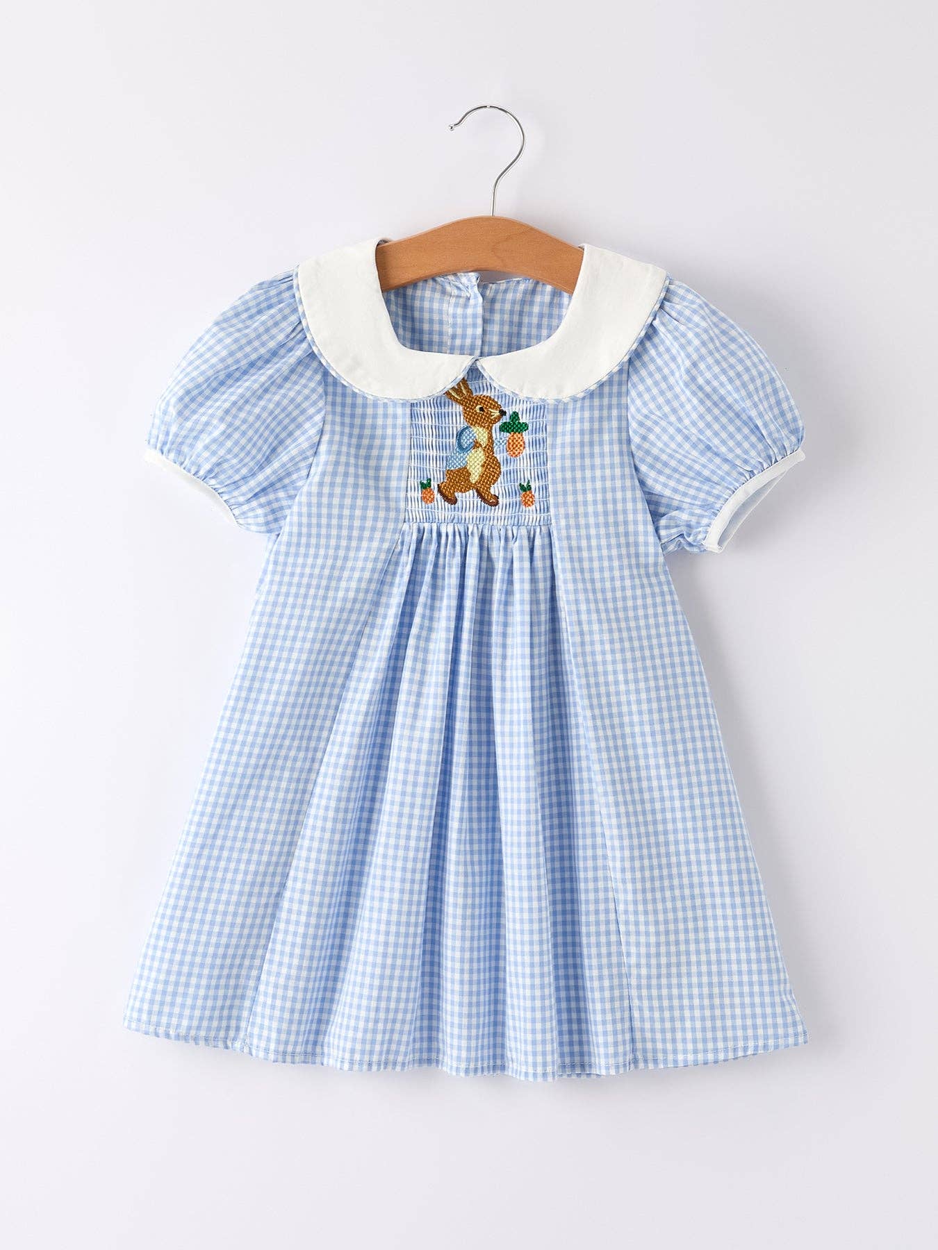 Blue Rabbit Embroidery Plaid Baby Collar Dress