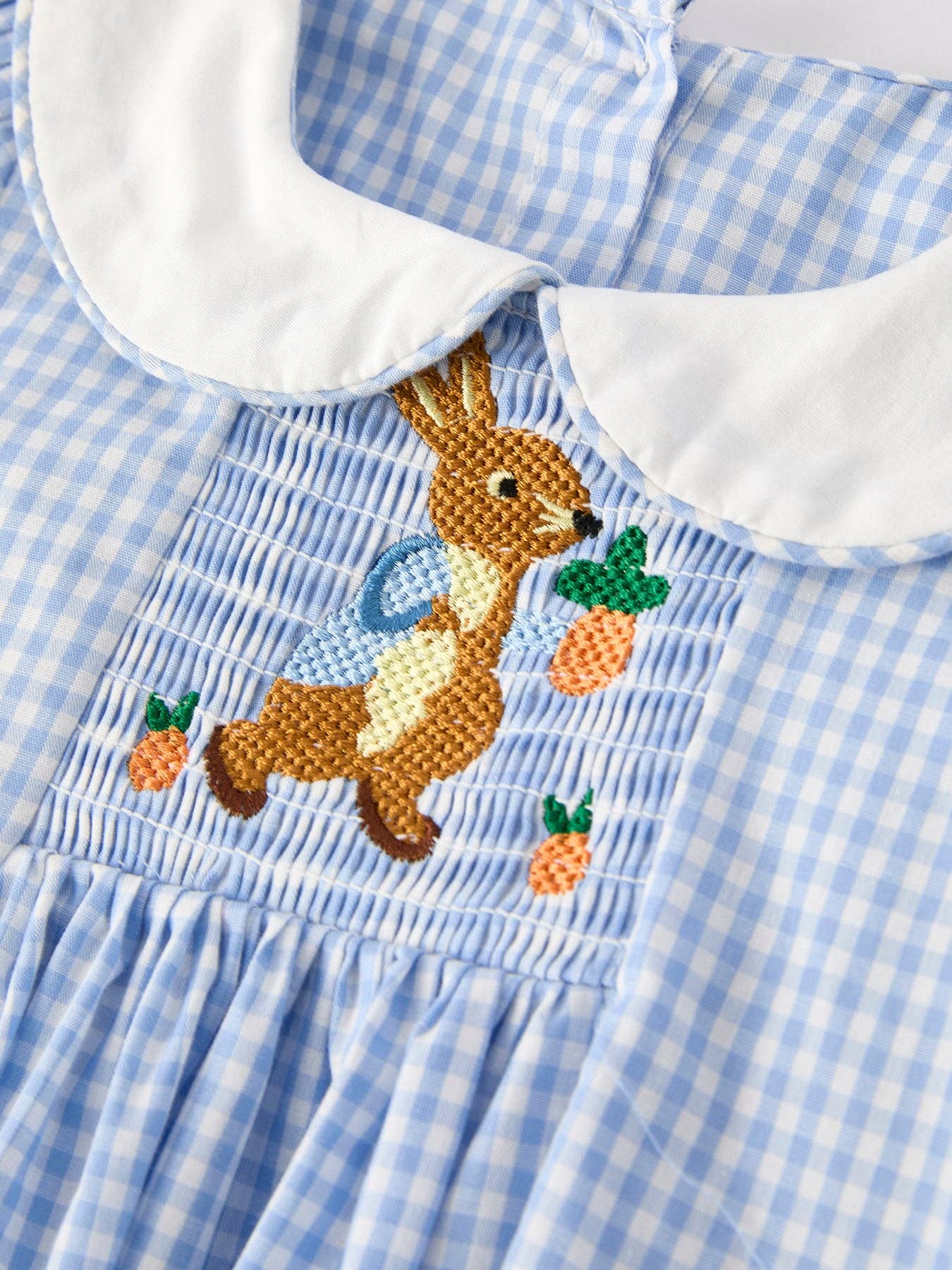 Blue Rabbit Embroidery Plaid Baby Collar Dress