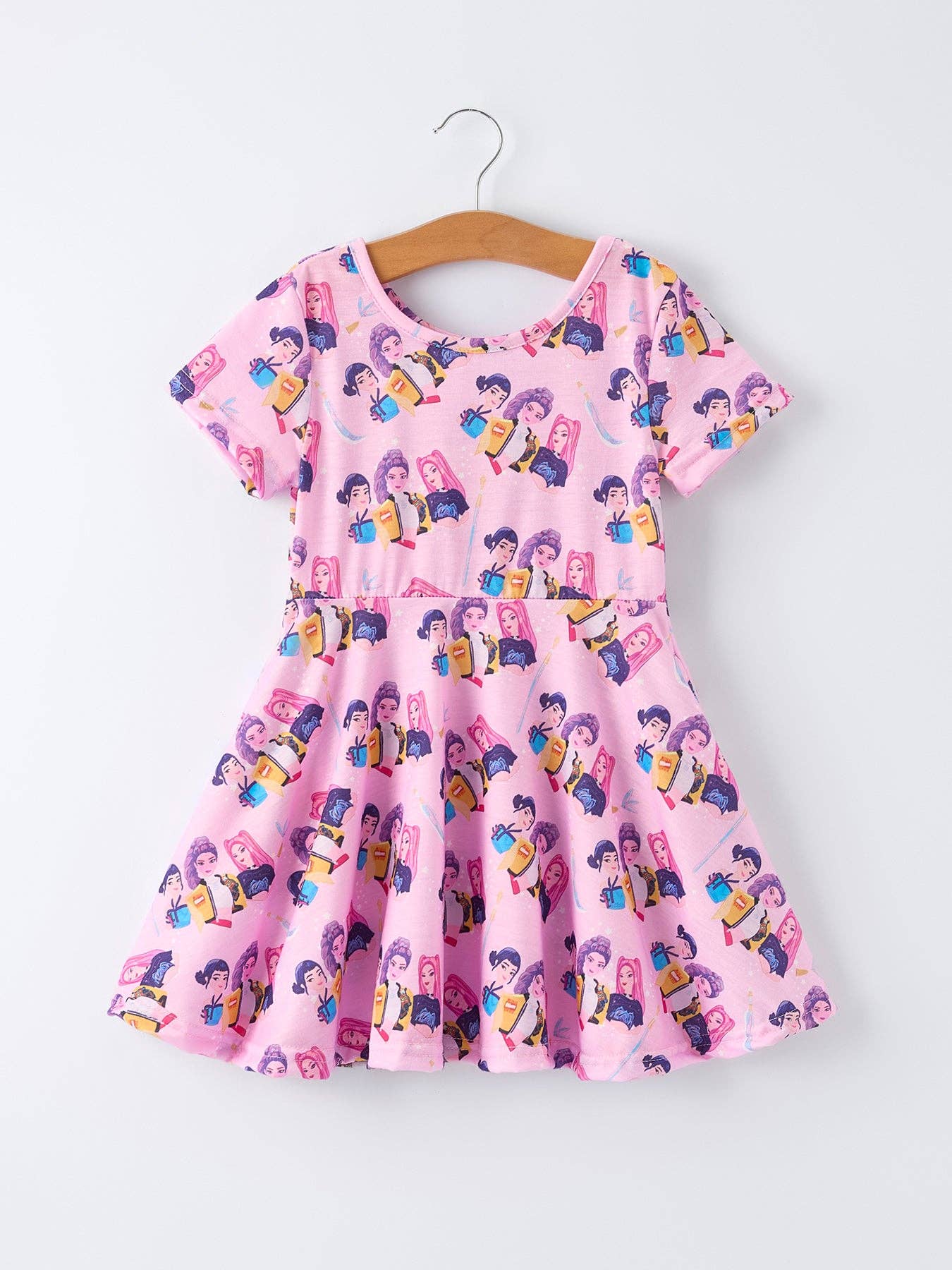 Pink Character Print Short Sleeve Girls Dress