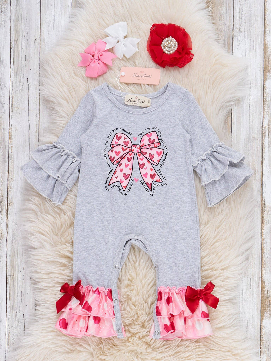 Sparkle Heart Bow Ruffle Romper