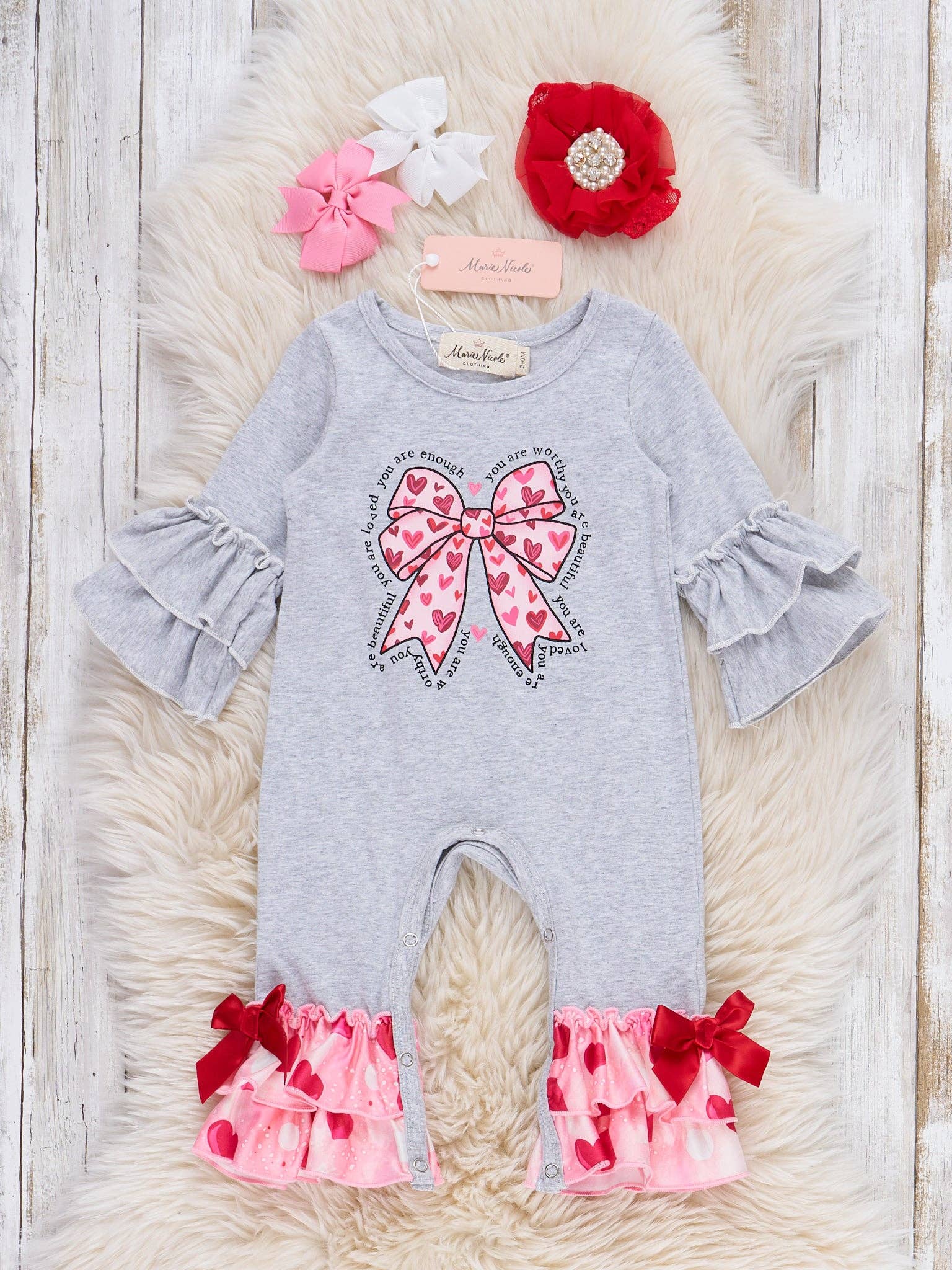 Sparkle Heart Bow Ruffle Romper