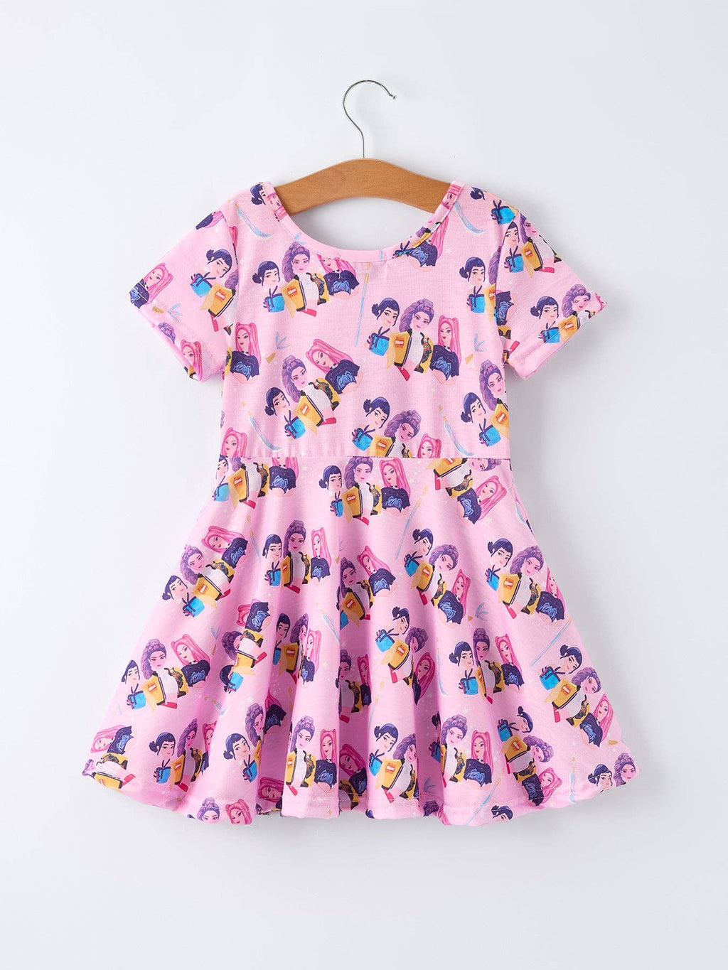 Pink Character Print Short Sleeve Girls Dress