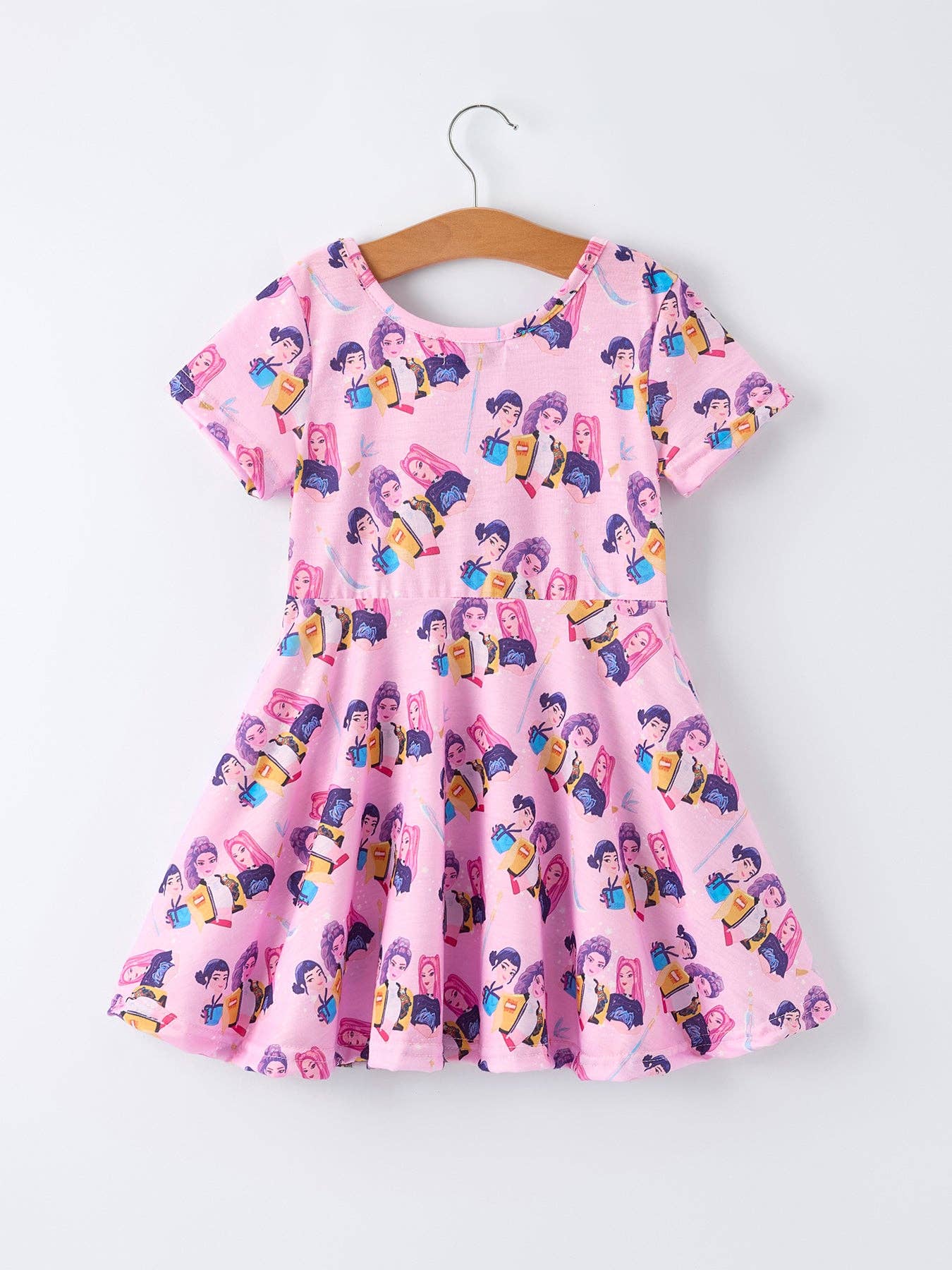 Pink Character Print Short Sleeve Girls Dress