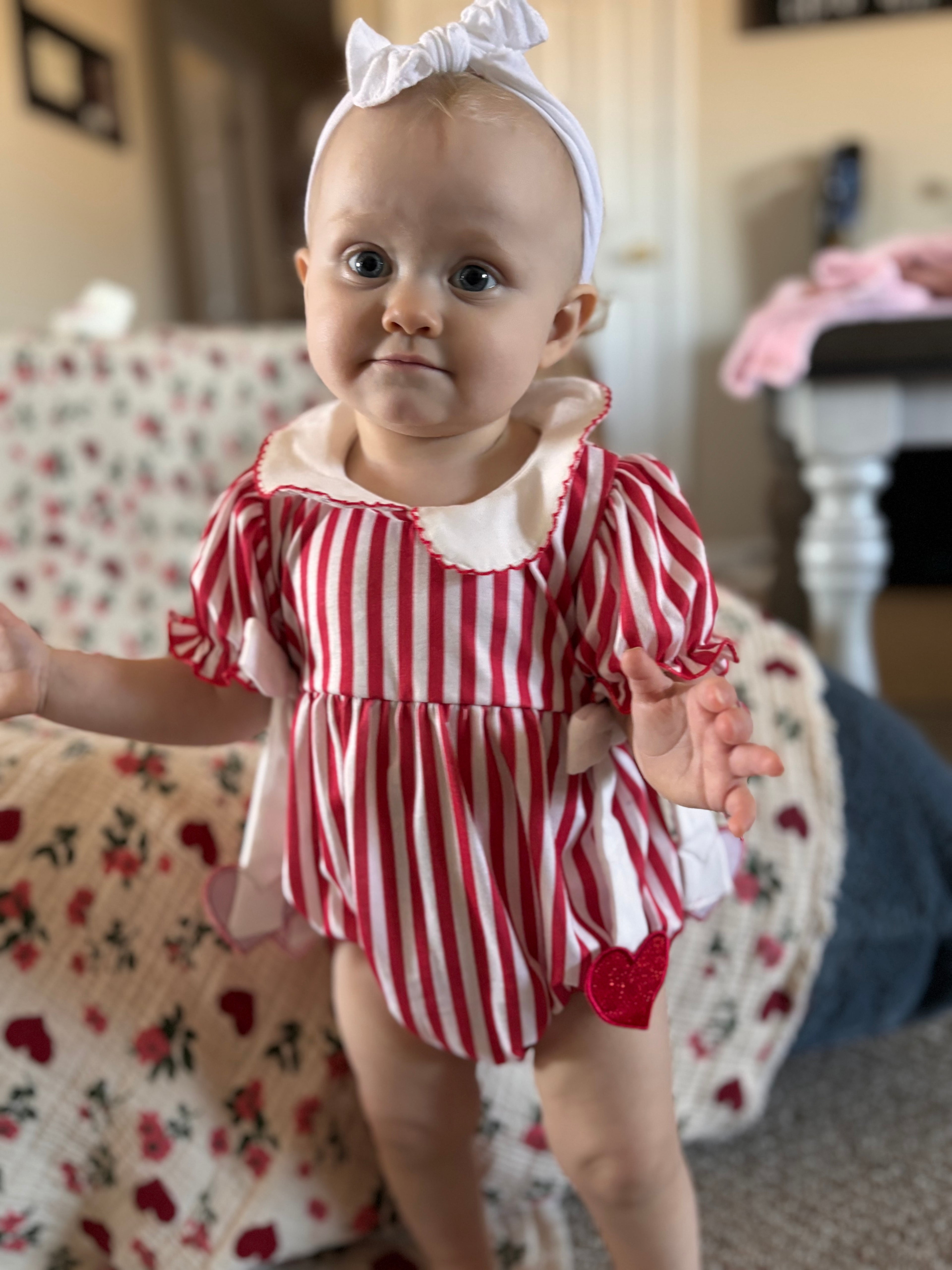 Valentine's Red Stripe Heart Bubble Romper for Baby Girls 3M