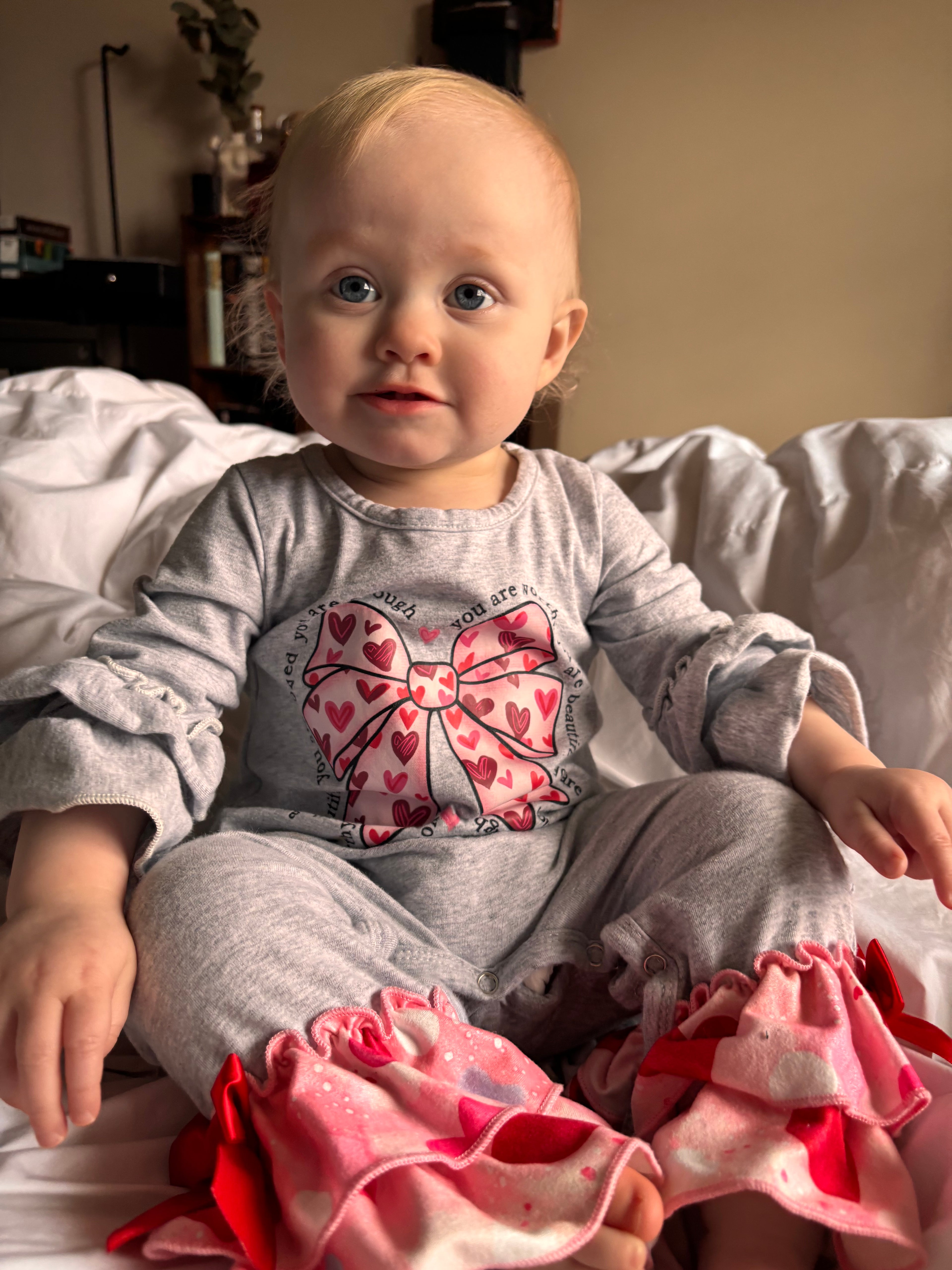 Sparkle Heart Bow Ruffle Romper